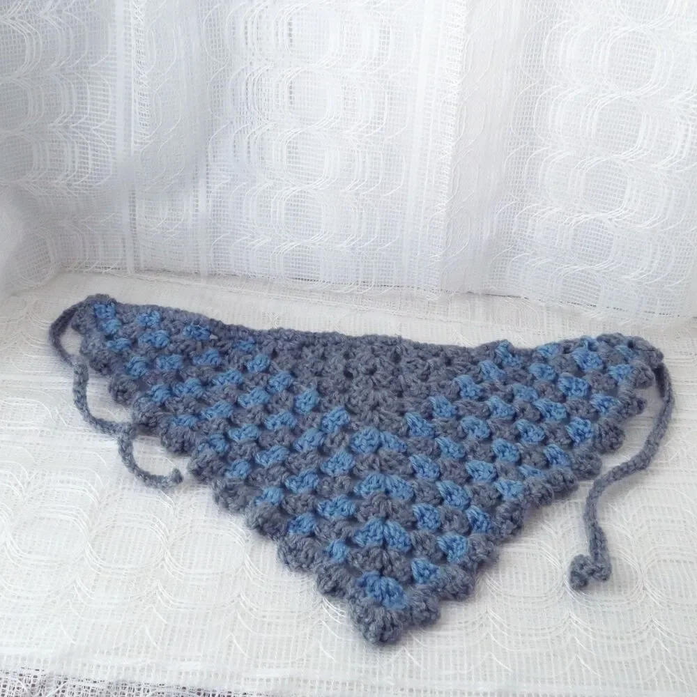 Handmade Crocheted Gray and Blue Bandana, Boho Style Head Covering, Cottage Core